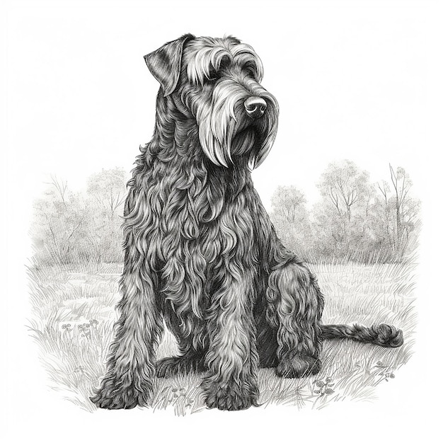 Giant Schnauzer engraving style closeup portrait black and white drawing cute dog favorite pet