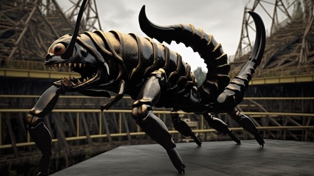 Photo a giant scorpion is on a platform in a city.