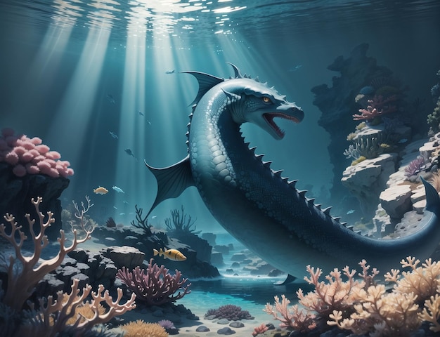 A giant sea monster is swimming in the ocean