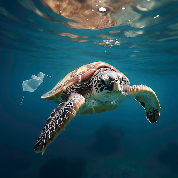 Giant sea turtle swimming in a sea Generative IA of trash