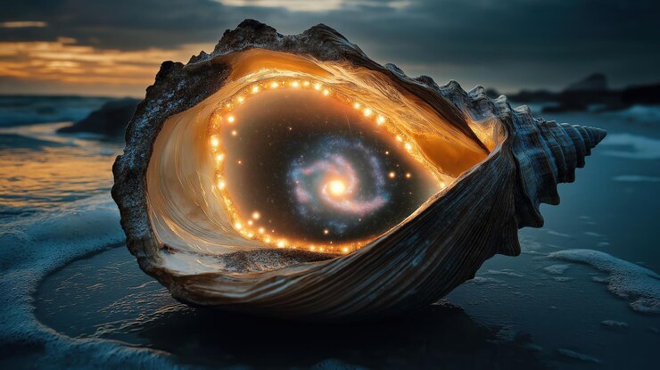 Photo giant seashell reveals a swirling galaxy merging ocean depths and cosmic mysteries at sunset