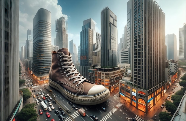 a giant shoe standing amidst highrise buildings in a bustling cityscape