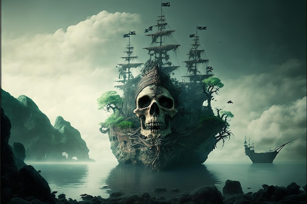 Giant skull on ghost pirate ship, island in background. Generative AI