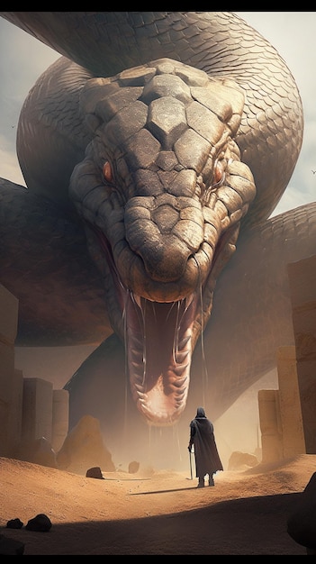 A giant snake is on the ground in front of a man in a black robe.