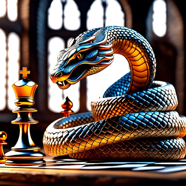 a giant snake playing chess with a knight in the style of Rembrandt sharp focus glossy lifeless