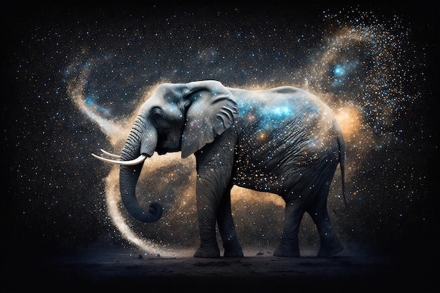 Giant space elephant floating through the universe trumpeting its trumpet trunk and leaving a trail of stardust in its wake illustration generative ai