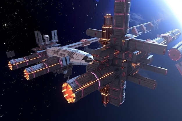 Giant space station with ships exiting dock to descend to nearby planet scifi illustration Generative AI