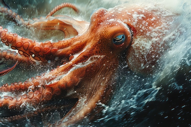 Photo a giant squid in a battle with a sperm whale a dramatic deepsea confrontation captured in motion