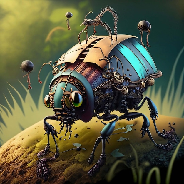 Giant steampunk armored stag beetle macro illustration design