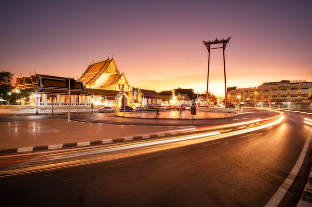 Giant swing in Bangkok at  twilight, Long exposure image of traffic.