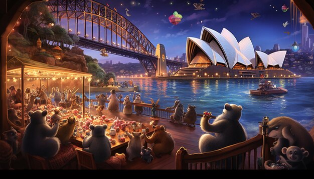 Giant teddy bear eating the sydney opera house people screaming fantasy scene magic warm colours