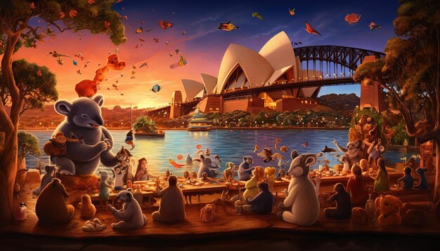 Giant teddy bear eating the sydney opera house people screaming fantasy scene magic warm colours