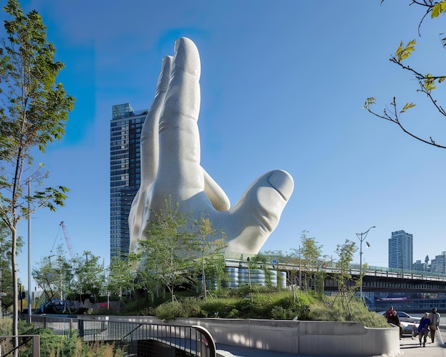 A giant thumb rises from the urban landscape a whimsical nod to humanitys touch in the concrete jungle