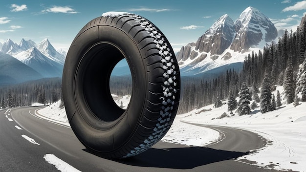 A giant tire on the road in front of a mountains under snow