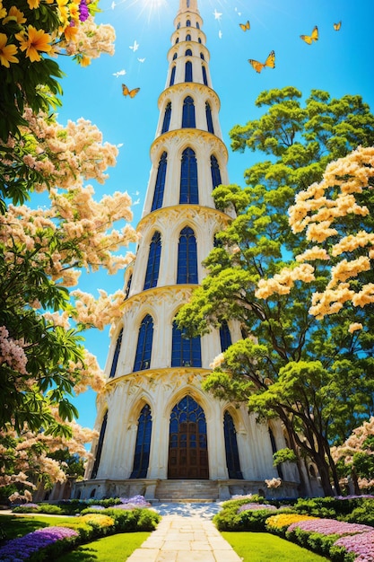 전경에 푸른 하늘과 나무가 있는 거대한 탑