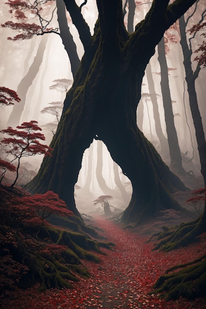 Photo giant tree in the forest with red leaves on the ground