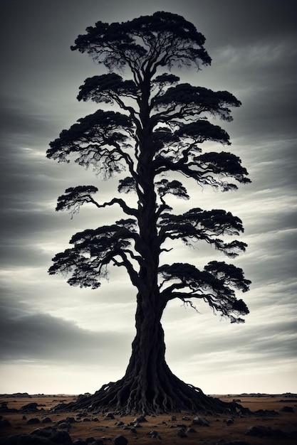 Photo giant tree with dark clouds in sky