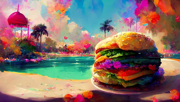 Giant tropical burger cheerful concept art illustration