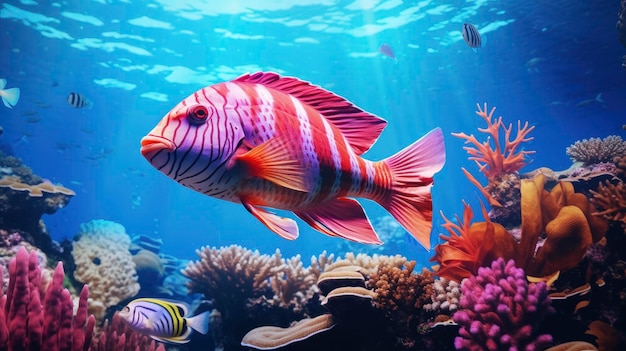 明るくカラフルなサンゴ礁の風景の水中の巨大な熱帯魚