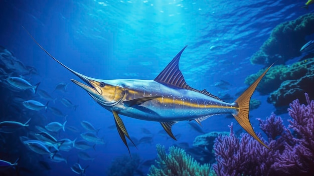 Giant tropical marlin underwater at bright and colorful Coral reef landscape