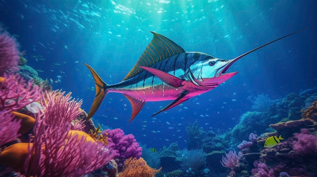 Giant tropical marlin underwater at bright and colorful Coral reef landscape