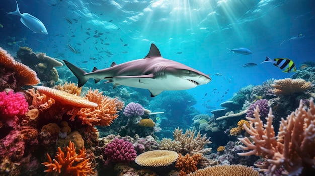 明るくカラフルなサンゴ礁の風景の水中の巨大な熱帯サメ