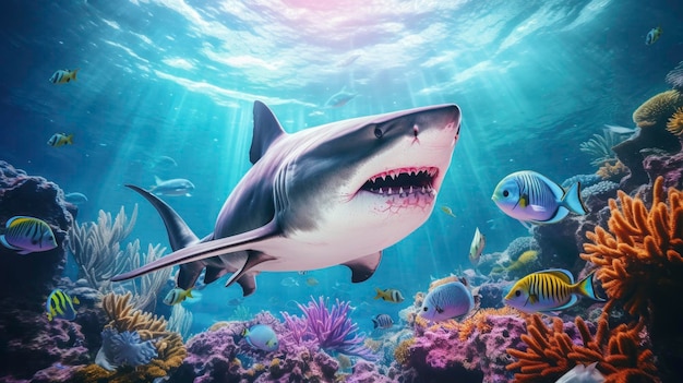 Giant tropical shark underwater at bright and colorful Coral reef landscape