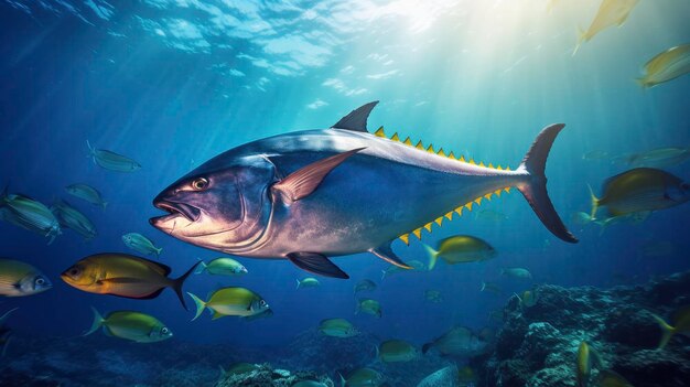 明るくカラフルなサンゴ礁の風景の水中の巨大な熱帯マグロ魚