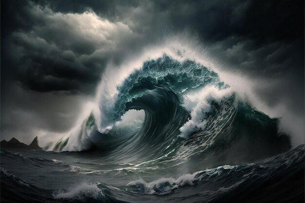 Giant tsunami waves dark stormy sky perfect storm scenery background