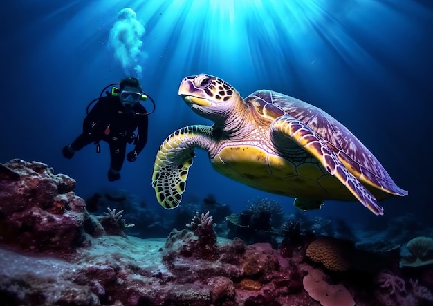 giant turtle with a scuba diver underwater world great barrier reef