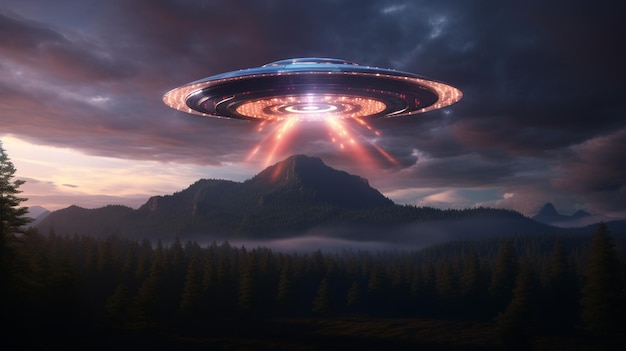 파란색과 보라색 하늘과 배경에 산이 있는 거대한 ufo.