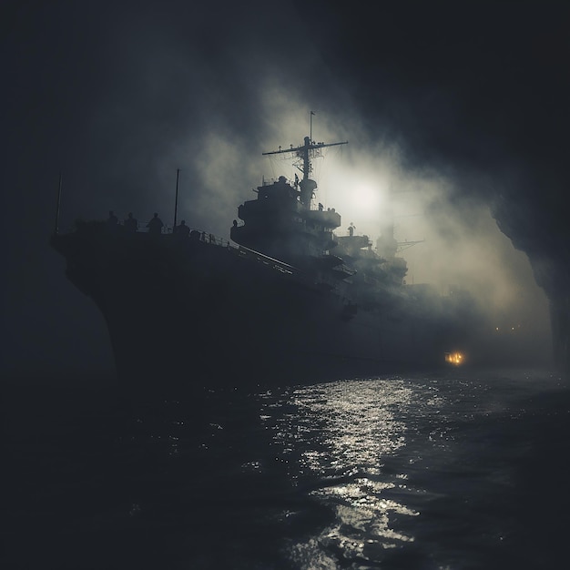 a giant warship on the dark sea