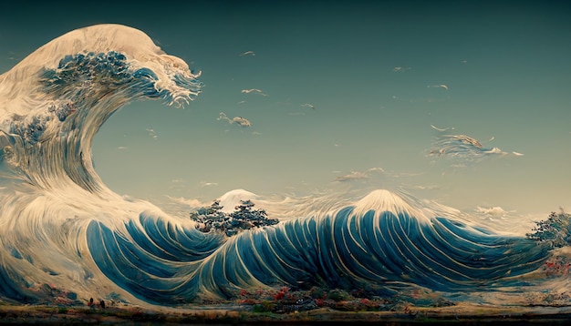 giant wave over the city digital illustration japanese style