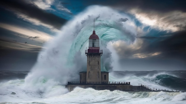 Photo giant wave jumped over the faro de mouro in santander spain