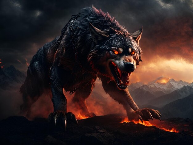 Giant wolf Fenrir protruding from the mountains