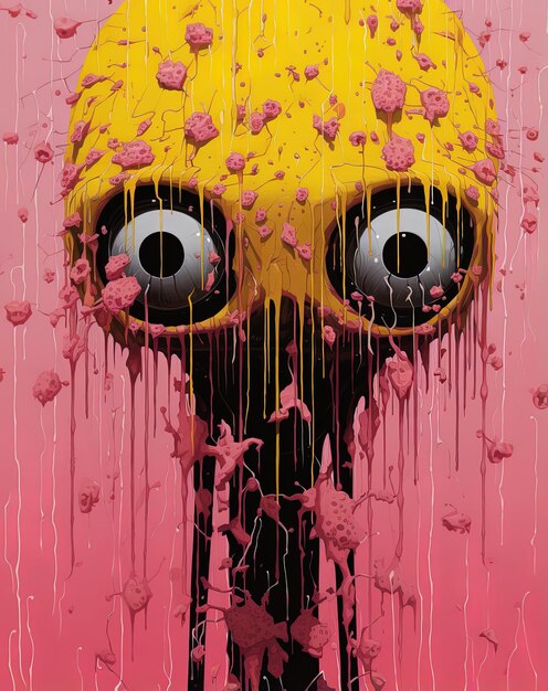 Photo a giant yellow monster with big eyes and eyes is covered in pink and yellow