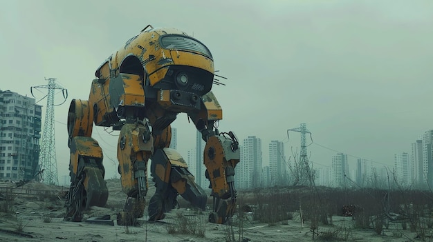 Photo a giant yellow robot stands in the middle of a destroyed city the robot is made from the remains of cars and other machinery