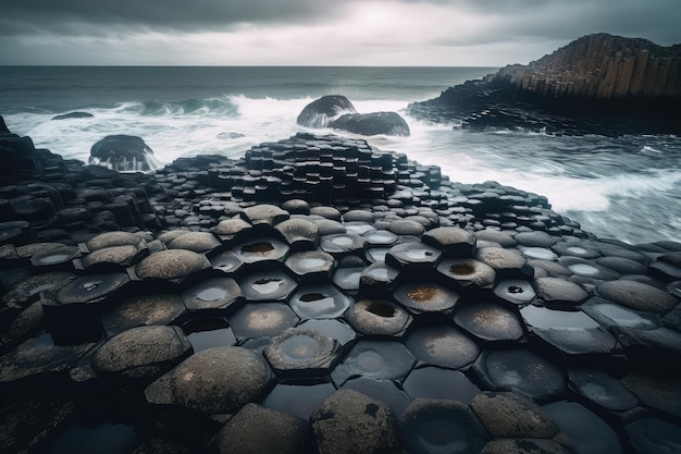 Giants causeway hexagon basalt rock on the sea