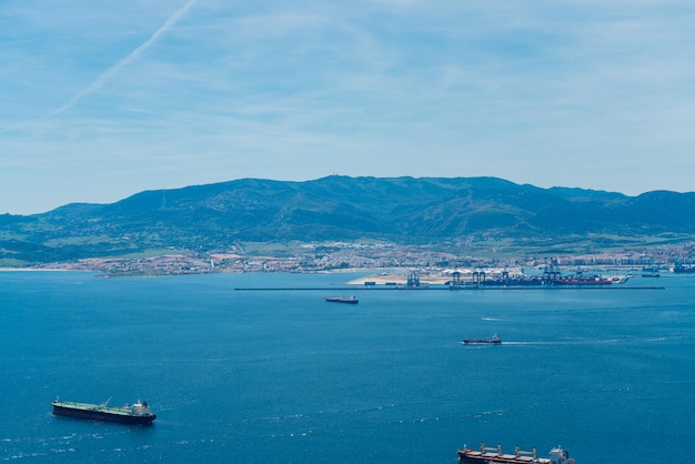 Gibraltar beautiful view of the mountains and the strait with blue water and ships