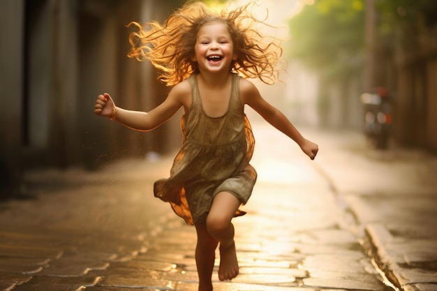 Giechelt onderweg Het jonge meisje giechelt terwijl ze door de straat rent en bij elke stap vreugde uitstraalt