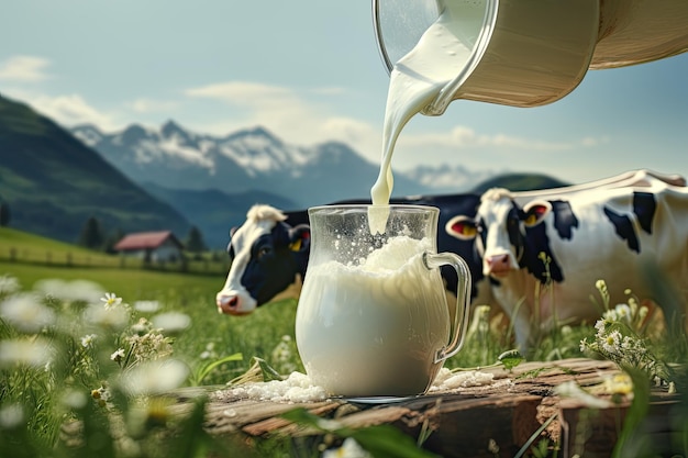 Gieten van verse melk met hellingsgroen gras en koeienachtergrond