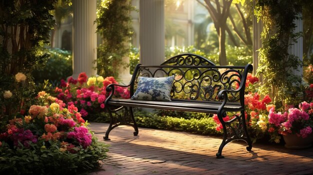 Gietijzertuinbank in een zonneschijnde tuin