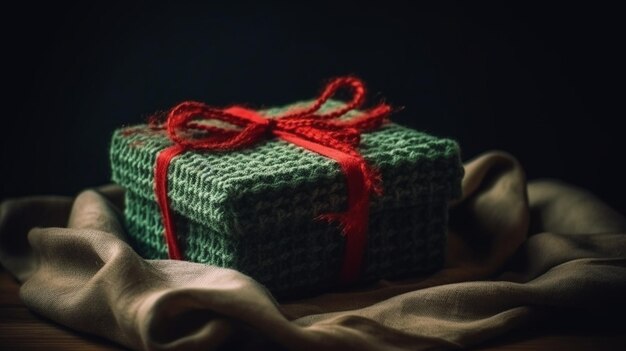 Gift in a beautiful box with a red bow and green blanket