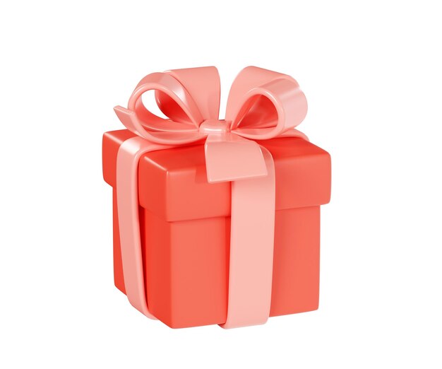 Photo gift box 3d render illustration closed red present pack decorated with pink ribbon and bow