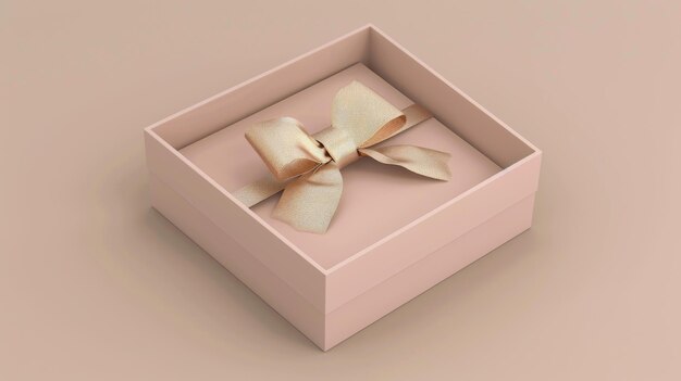 Gift box 3D render with gold ribbon Isolated package with pastel glossy bow on beige background Holiday surprise gift birthday or Christmas present