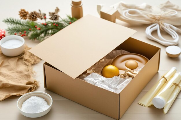 사진 선물 상자와 패키지는 크리스마스 선물로 장식된 식탁에 있으며 준비된 식사는 새해를 위해 배달되고 준비됩니다.