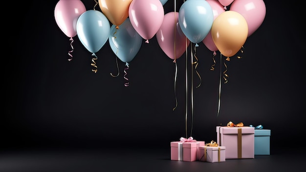 a gift box and balloons on a white background in pastel colors