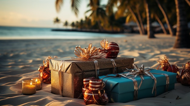 해변 휴가 및 크리스마스 배경에 선물 상자