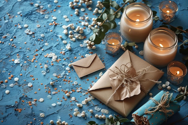 Gift box and candle on blue background flat lay