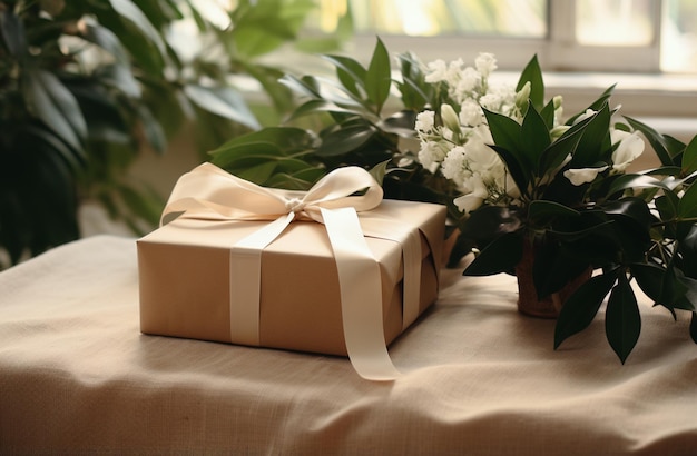 Gift box centered with white cloth and fresh green leaves